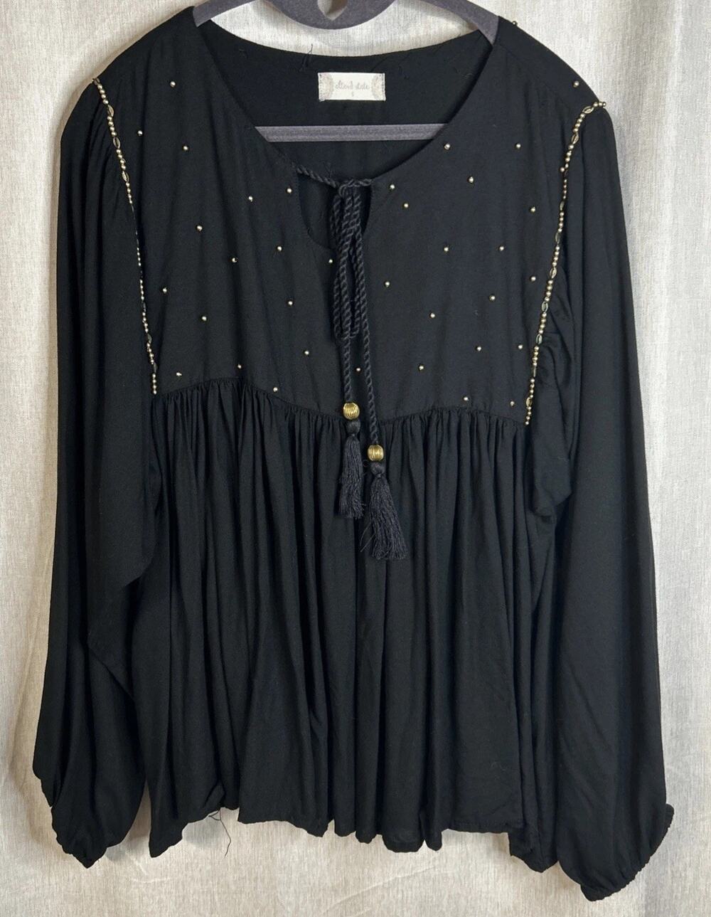 Altered State Women's Size Small Blouse Long Sleeve Black w/Gold Beads